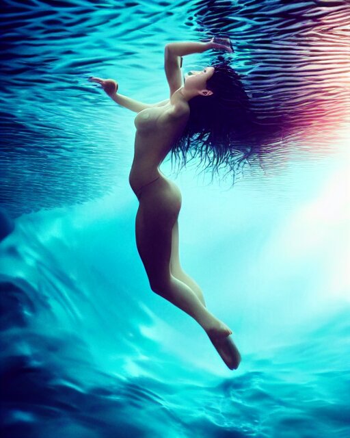 photo of beautiful woman underwater during sunrise, flowing fabric, sunrays, elegant, caustics, rippling water, photoshoot, haunting, iconic, masterpiece, sharp focus, art by  trending on artstation