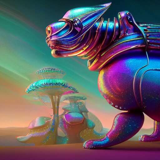 iridescent opalescent cyborg animal in candyland, warm tones : by michal karcz, daniel merriam, victo ngai and guillermo del toro : ornate, dynamic, particulate, intricate, elegant, highly detailed, centered, artstation, smooth, sharp focus, octane render 