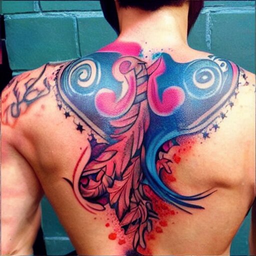 a picture of my new back tattoo of a muscular back, bright colorful ink 
