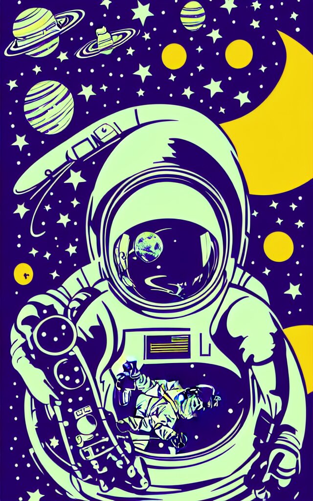 adobe illustrator vector graphics digital art of an astronaut printing in space, psychedlic monochromatic duoblend 