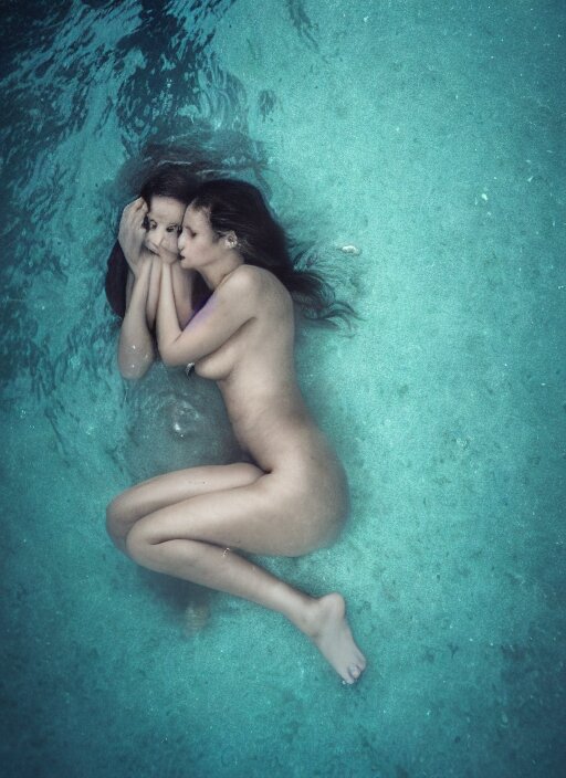 a photo of a a vast underwater with a woman in the center curled and hugging her knees. Cinematic post-processing. Award winning portrait photography. Sharp eyes.