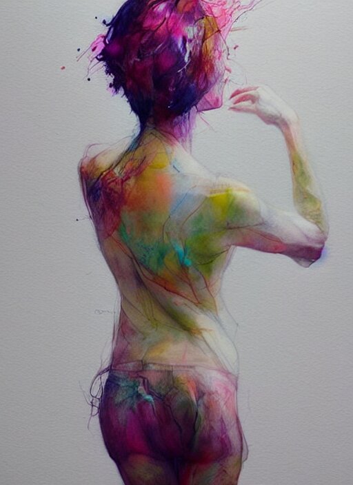 gorgeous woman in short by agnes cecile, view from back, bent - over posture, half body portrait, extremely luminous bright design, pastel colours, ink drips, autumn lights 