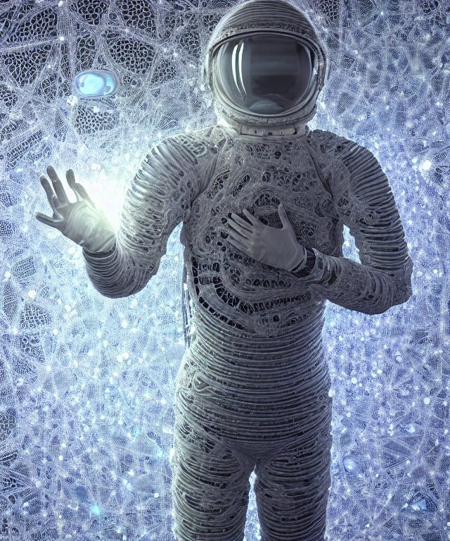 realistic extremely detailed  photo style  painting of a complete astronaut suit with exposed diamond 3d fractal lace iridescent bubble 3d skin clear brain+ one hand holding a glowing sparkle plasma spear and multiple chest  arm and legs chelate appendages and in a jumping float Pose
inside a  room made of black diamond iridescent fractal lace bubble materials,
monolithic retro futuristic ,water , by style hybrid mix of beeple+Anton Pieck+Jean Delville+ Amano,Yves Tanguy+ Alphonse Mucha+ Ernst Haeckel+ Edward Robert Hughes+Stanisław Szukalski , 
rich moody colors,diamond dust glitter and sparkles, holographic krypton ion,blue eyes,octane render,4k,
f32,55mm photography,wide angle ,jumping float Pose,full shot,full grok  