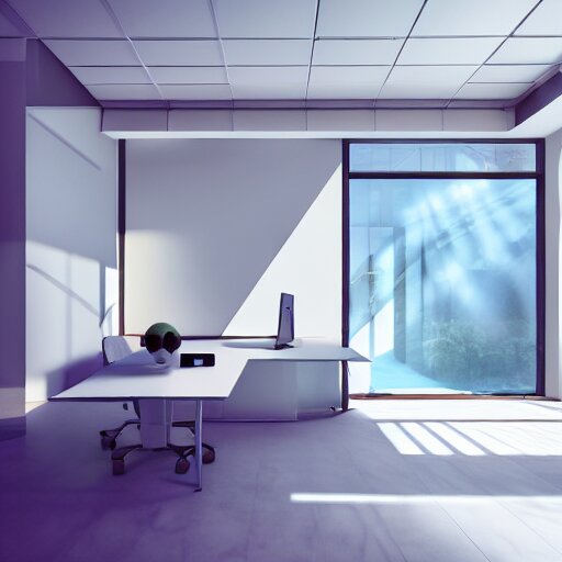 a white empty pink office with sun rays looming down, with a pool inside, dynamic lighting, photorealistic concept art, trending on art station, stunning visuals, creative, cinematic, ultra detailed, ray tracing 