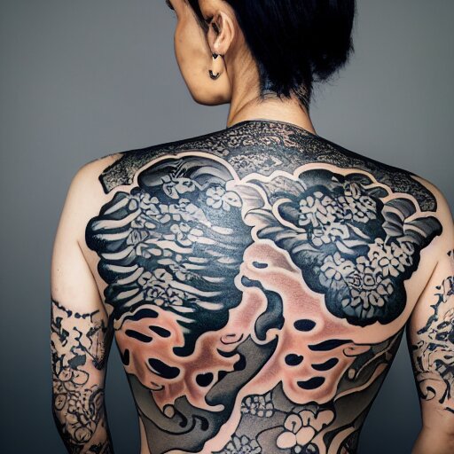 photography of the back of a woman with an detailed irezumi tatto representing a tiger with flowers, mid-shot, editorial photography