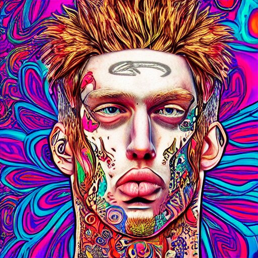 an extremely psychedelic portrait of mgk, surreal, lsd, face, detailed, intricate, elegant, lithe, highly detailed, digital oth, sharp focus, illustration, 