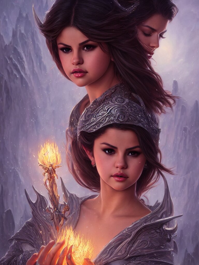 Selena Gomez casting an frost spell, D&D, fantasy, intricate, elegant, highly detailed, digital painting, artstation, concept art, matte, sharp focus, illustration, hearthstone, art by Artgerm and Greg Rutkowski and Alphonse Mucha