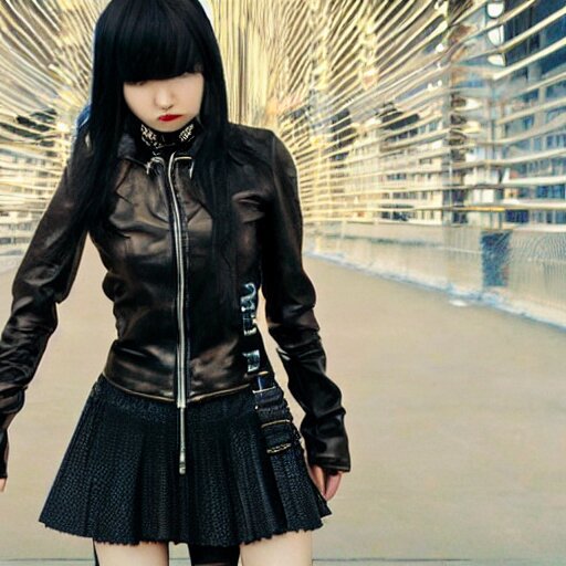 a dynamic, epic cinematic 8K HD movie shot of a japanese beautiful cute young J-Pop idol actress yakuza rock star girl wearing leather jacket, miniskirt, nylon tights, high heels boots, gloves and jewelry. Motion, VFX, Inspirational arthouse, at Behance, with Instagram filters