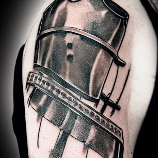 A knight in armor, tattoo, tattoo art, Black and grey tattoo style