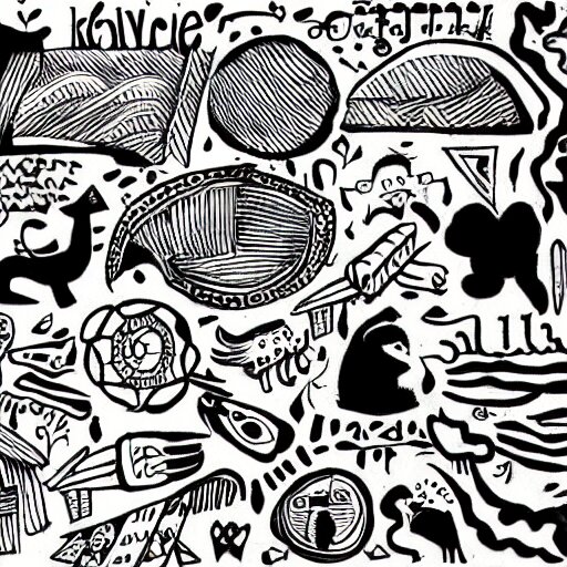 black and white composition of a variety of doodles, drawings, faces, symbols, cartoons, lineart, cave drawing, silhouette, tattoo, chinese ink brush 