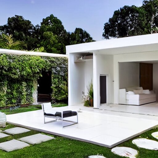 luxury elongated small backyard, all white, modern hut at the back, ceramic floor, small pool 