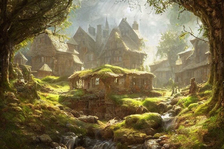 a medieval village with a stream in a forested valley by jessica rossier and brian froud cinematic painting 