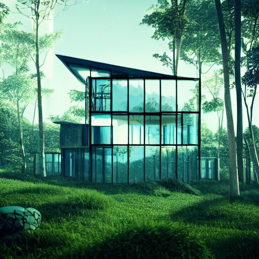 a modern house made of glass on a beach near a beautiful fantasy forest, digital art, epic composition, hd, 4 k, octane renderer, professional, intricate detail 