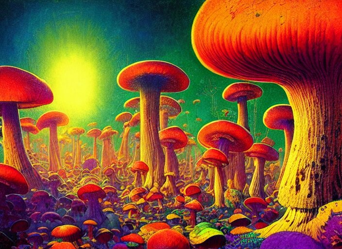 A psychedelic portrait of you are attacked by a group of crooked mushroom theurges , vibrant color scheme, highly detailed, in the style of romanticism, cinematic, artstation, Moebius, Greg rutkowski futurism, no blur, 4k resolution, sharp ages, ultra detailed, style of John Berkey, Norman Rockwell, Hans Thoma, Ivan Shishkin, Tyler Edlin, Thomas Kinkad