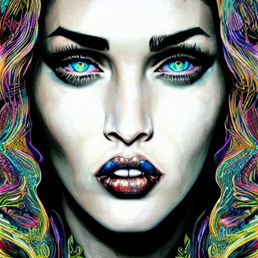 an extremely psychedelic portrait of megan fox, surreal, lsd, face, detailed, intricate, elegant, lithe, highly detailed, digital oth, sharp focus, illustration, 