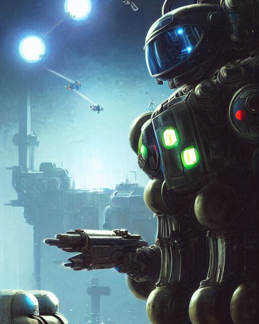 luigi in a mech scifi suit with missles and small lights by, fantasy character portrait, ultra realistic, futuristic background by laurie greasley, concept art, intricate details, highly detailed by greg rutkowski, gaston bussiere, craig mullins, simon bisley 