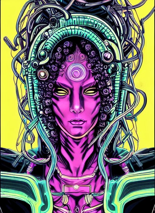 Perfectly-centered vibrant portrait-illustration of a very beautiful and puzzled looking nebulapunk cyberpunk Medusa with symmetrical facial features with a very and accurately symmetrically drawn-out body, in the style of an epic golden age sci-fi comic book cover in an awesome pose wearing a really cool cyberpunk outfit, with lots of really large ravepunk bio-luminiscent snakes as her hair that go all around and above her, next to a tall cybernetic tower with lots of glowing buttons. Super highly detailed, professional and intricate professionally made HDR digital artwork, RPG portrait, digital airbrush painting, extreme illustration, concept art, smooth, maximalist, dreamscape, Rococo, surreal dark art, cosmic horror, lovecraftian style, Aetherpunk, cinematic, Hyperdetailed, hyperrealistic, enchanting, otherworldly, arthouse, sinister mood, cosplay, sense of awe, Exquisite award winning picture, glowing rich colors, ethereal backlight background, 300 DPI, 8k resolution, HD quality, cinema 4d, 3D, 3d final render, 3d shading, unreal 5, octane render, 3D rim light, dynamic lighting, atmospheric lighting, iridiscent background accents, golden ratio, psychedelic highlights, dramatic shadows, 
anamorphic lens, sharp focus, trending on Gsociety, trending on ArtstationHQ, trending on deviantart, neon-noir bokeh, professionally post-processed, wide-angle action dynamic portrait