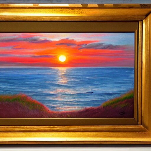 sunset over a wooden cabin on the coast in the distance, sea, oil painting, very detailed, colorful