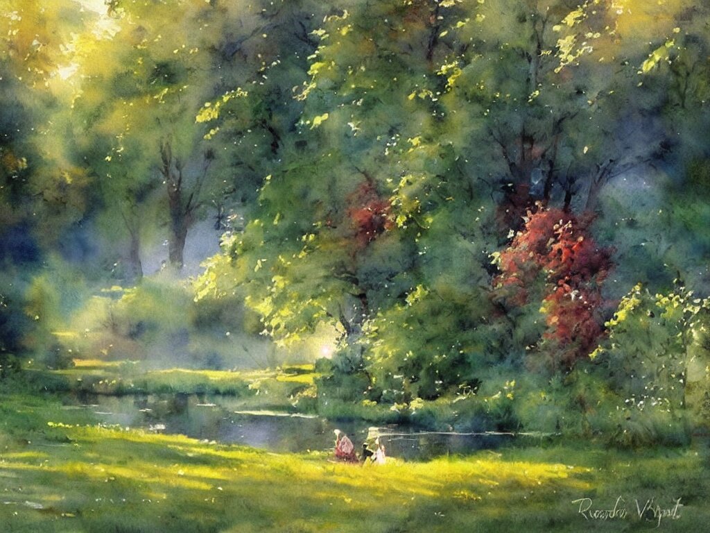 A beautiful night in the swedish countryside, watercolor painting by Vladimir Volegov