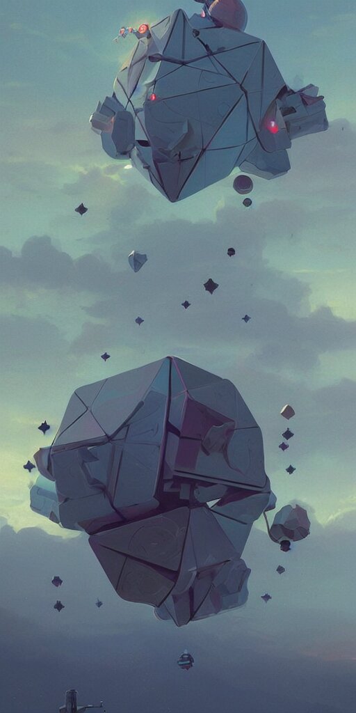 greg rutkowski, beeple, a painting by ralph mcquarrie of floating molecules and icosahedron with stars, clouds, and rainbows in the background, trending on artstation, masterpiece, incredible details 