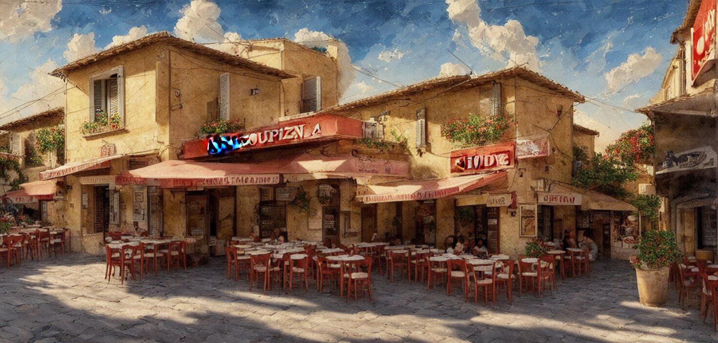 a traditional pizzeria in the street of a small village on the riviera. a terrace in the shade of a hundred - year - old olive, cinematic view, epic sky, detailed, concept art, low angle, high detail, warm lighting, volumetric, godrays, vivid, beautiful, trending on artstation, by jordan grimmer, huge scene, grass, art greg rutkowski 