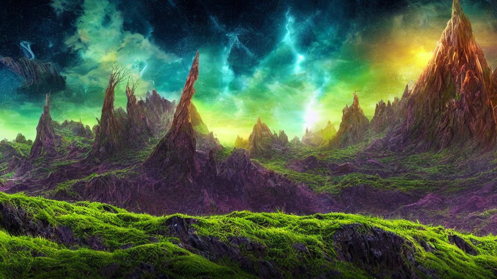 an alien landscape view, alien sky, star in the sky, alien waterfall, alien grass, weird alien trees, alien mountains, epic composition, colorful, 4 k, detailed, realistic 