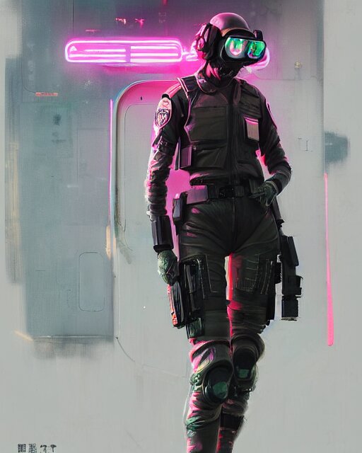 detailed neon female swat officer flying a jet, cyberpunk futuristic, neon, reflective puffy coat, decorated with traditional japanese by ismail inceoglu dragan bibin hans thoma greg rutkowski alexandros pyromallis nekro rene margitte, wide angle, illustrated, perfect face, fine details, realistic shaded, fine - face, pretty face 