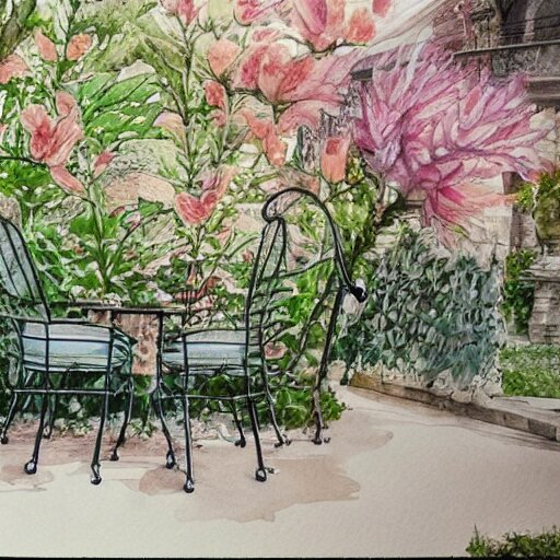 delicate, tiger, chairs, garden, paved, botanic watercolors, iridescent, 8 k, realistic shaded, fine details, artstation, italian, iron gate, tree, mediterranean, marvelous 