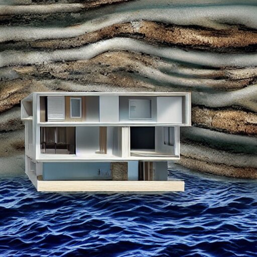 a house half submerged in the ocean. 