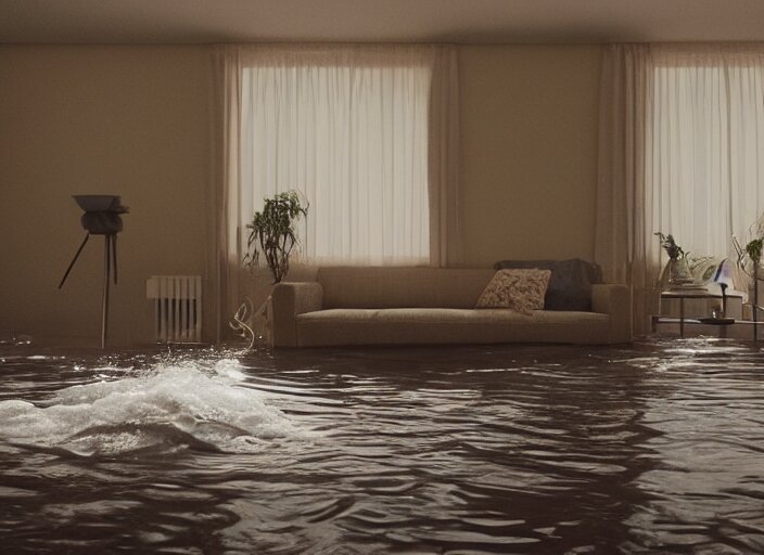 kodak portra 4 0 0 photographic and realistic, 7 0 s living room, detailed, octane render, unreal engine, 4 k, artstation, hyper realistic, wide angle, floor flooded, how a river, objects that float, 3 5 mm, sharp focus, soft light, volumetric light fog, in the style of gregory crewdson 