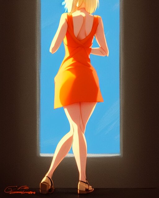 blond woman in an orange ripped mini dress, by artgerm, by studio muti, greg rutkowski makoto shinkai takashi takeuchi studio ghibli 