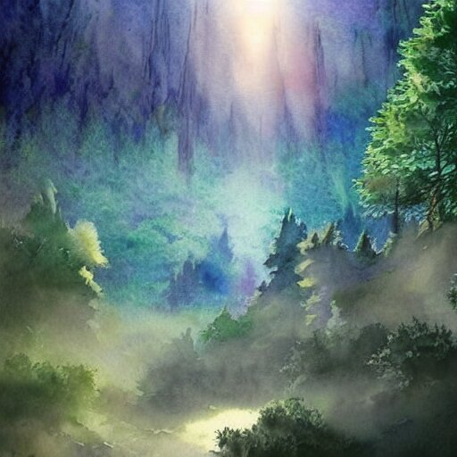 beautiful lush imposing natural scene on another planet. different than earth but beautiful. lightfall. beautiful detailed artistic watercolor. trending on artstation and deviantart. 