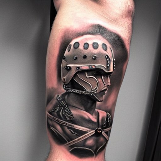 medium shot of a gladiator wearing a galea, tattoo, tattoo art, Black and grey tattoo style