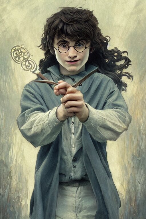 beautiful cottagecore young harry potter holding a magicwand. intricate, elegant. highly detailed, digital painting, artstation, concept art, smooth, sharp, focus, illustration. . art by artgerm and greg rutkowski and alphonse mucha