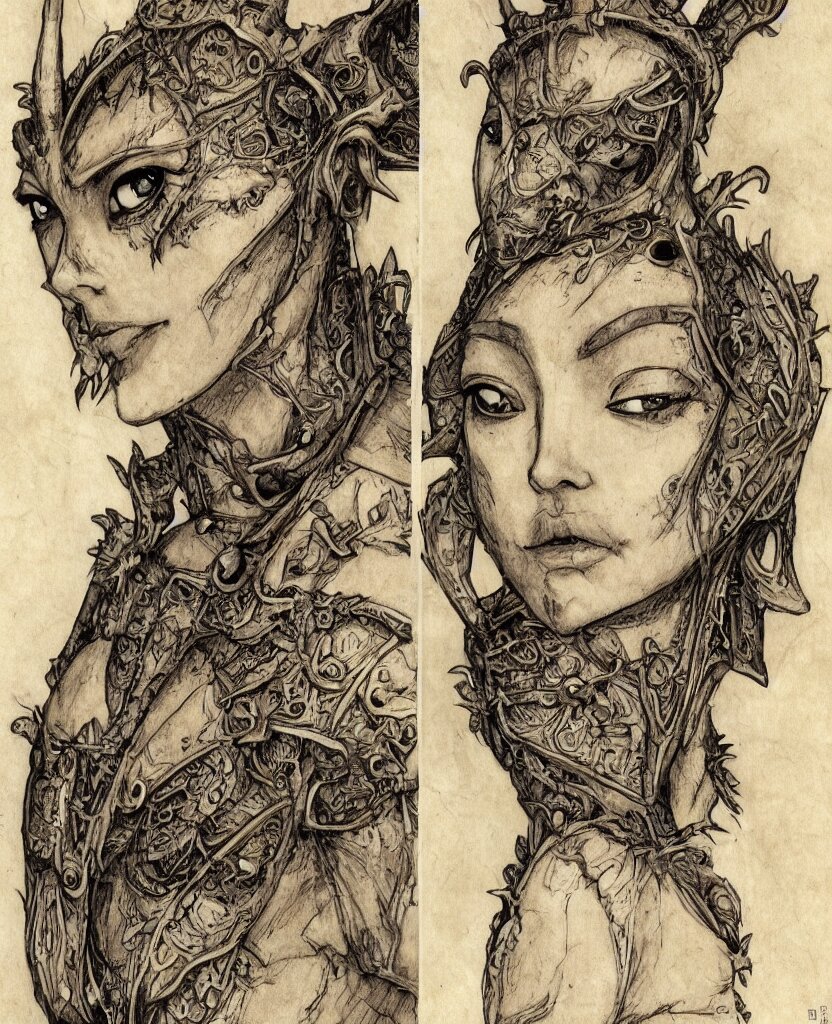 fantasy, symmetrical beautiful human face, front view, female humanoid creature, plant armour, wide intricate horned insect head piece covering forehead, button nose, full lips, muscular, large cute anime eyes, stylised, torso and head, bust, diagram, greys anatomy book, on old distressed parchment paper, watercolour, by brian froud and boichi 