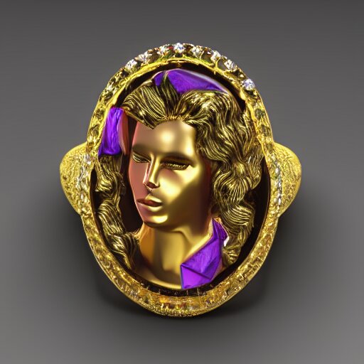 complex golden ring with cameo and gems on the female model hand with bust with a cyberpunk style, 8k, details