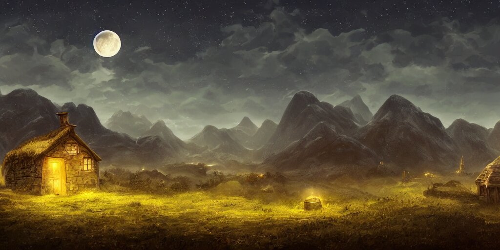 Skeleton infested fields with large mountains in the distance, small cottage in the foreground, nighttime, moon in the night sky, landscape wallpaper, d&d art, fantasy, painted, 4k, high detail, sharp focus