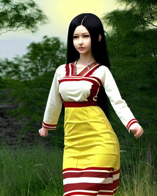 render as a very beautiful daz 3d anime manga girl, wearing assamese bihu mekhela sador gamosa dress, long shiny black hair, hazel eyes, full round face, short smile, assam landscape setting, sunny ambient diffused glow cinematic HDRI lighting, medium shot, mid-shot, highly detailed, daz studio genesis iray gorgeous, detailed  anatomically correct face!! anatomically correct hands!! amazing natural skin tone, ultra hd, trending on Artstation, Unreal Engine 4k, anime masterpiece, subsurface scattering