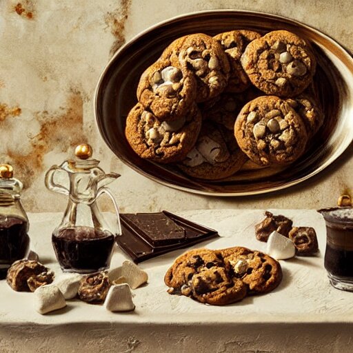 opulent banquet of freshly baked chocolate chip cookies, delicious, glistening, chocolate sauce, marshmallows, highly detailed, food photography, art by rembrandt 