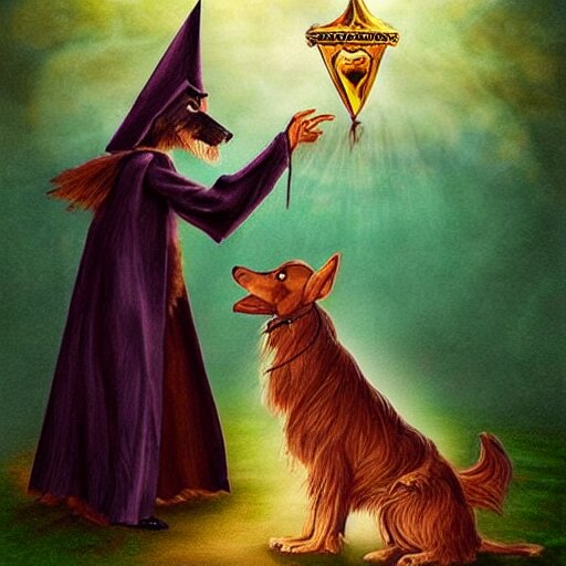 wizard dog as magic wizard casting spell surreal art