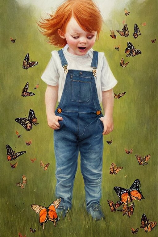 a three year old boy with ginger hair wearing denim overalls chasing butterflies. clean elegant painting, beautiful detailed face, lots of butterflies. by magali villanueve and artgerm and greg rutkowski 