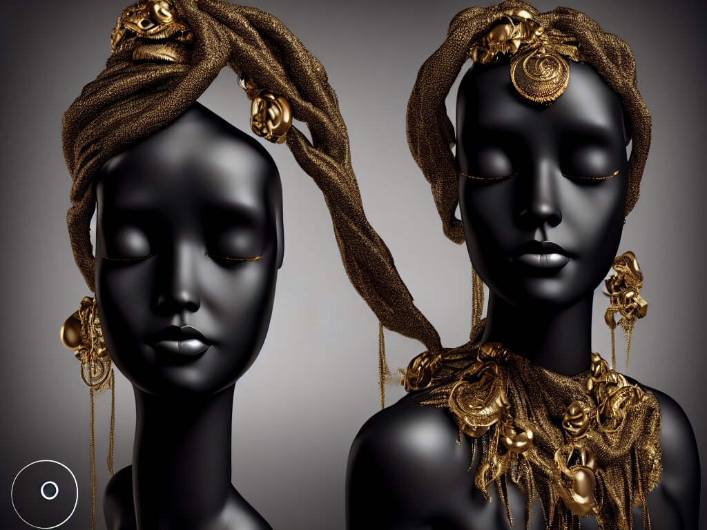 a black mannequin head with ornamented flowing diaphanous jewelry, 4k, trending on artstation, hypermaximalist, photorealistic, moody, dramatic, octane render