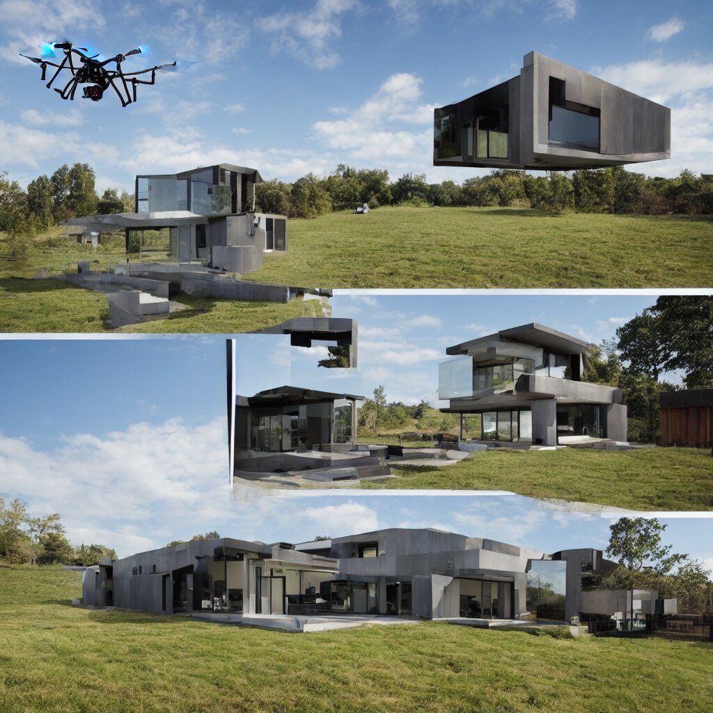 hybrid modern home mixed with a drone, a drone home, hovering over a field 