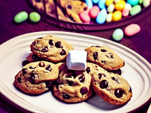 opulent banquet of plates of freshly baked chocolate chip cookies, jelly beans, chocolate sauce, marshmallows, highly detailed, food photography, art by rembrandt 