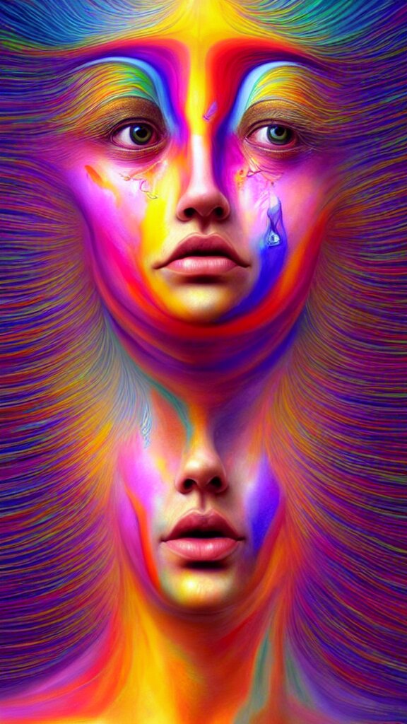 hyperrealistic abstract close-up female! portrait Renaissance psychedelic!! celestial happy! pure creature!! perfect!! face! peaceful! kind spirit of nature! beautiful fractal!! eyes! highly detailed concept art eric zener elson peter cinematic hard rainbow lighting high angle hd 8k sharp shallow depth of field endless, inspired by Zdzisław Beksiński Salvador Dali