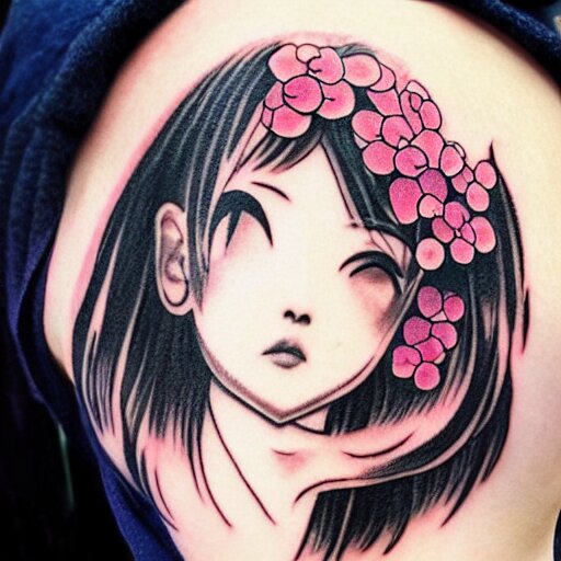 tattoo design, stencil, traditional, beautiful portrait of a Japanese girl with flowers in her hair, upper body, by artgerm, artgerm, digital art, cat girl, anime eyes, anime, sexy-s 100