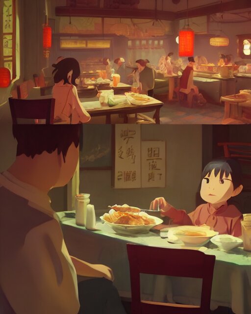 chinese buffet in a homely little restaurant, cory loftis, james gilleard, atey ghailan, makoto shinkai, goro fujita, studio ghibli, rim light, exquisite lighting, clear focus, very coherent, plain background, soft painting 