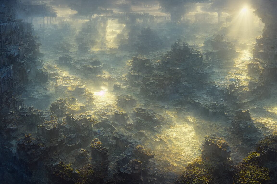 sunbeams shining through underwater city ruins, oil painting, concept art, filip hodas, john howe, mike winkelmann, jessica rossier, andreas rocha, bruce pennington, 4 k, 