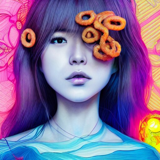 the face of a ridiculously beautiful and pretty japanese girl partially made of onion rings of all colors looking down, an ultrafine detailed illustration by james jean, final fantasy, intricate linework, bright colors, behance contest winner, vanitas, angular, altermodern, unreal engine 5 highly rendered, global illumination, radiant light, detailed and intricate environment 