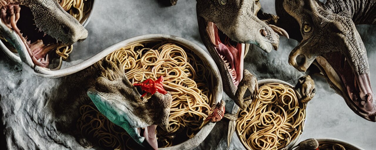 two dinosaurs fighting to the death, inside a bowl of spaghetti, canon 5 0 mm, cinematic lighting, photography, retro, film, kodachrome 